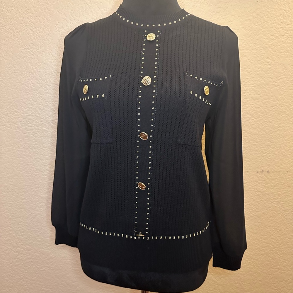 Nancy Yang Black Top With Gold Buttons - Light Fabric, Chiffon Fabric Sleeves